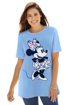 Your favorite Disney characters in the Perfect Tee fit! This classic crewneck has a flattering relaxed fit and short sleeve. Available in a multitude of colors so you can stock up on your favorites. This comfy, cute essential pairs perfectly with jeans and leggings. Solids: 100% cotton; Heathers: cotton/polyester28" length; hits low hipMachine washable, imported | Plus Size Women's Disney Blue Tie Dye Minnie Crewneck Tee by Disney in Blue Tie Dye Minnie (Size 5X) Spring Mickey Mouse Crew Neck T-shirt, Mickey Mouse Crew Neck T-shirt For Spring, Summer Minnie Mouse Short Sleeve T-shirt, Casual Mickey Mouse Tops For Loungewear, Relaxed Fit Short Sleeve Tops For Disney Fan Events, Casual Minnie Mouse T-shirt For Spring, Minnie Mouse Graphic Tee With Crew Neck, Minnie Mouse Short Sleeve T-shirt For Spring, Short Sleeve Minnie Mouse T-shirt For Spring