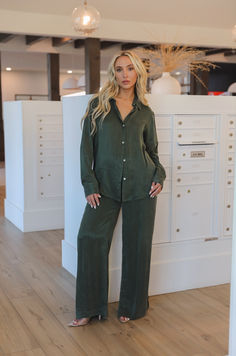 trendy fall outfits , wide leg pants set, pants set, fall 2024 fashion trends ,fall outfits women, casual outfit, fall 2024, fall outfits, oversized button down, oversized outfit Chic Green Wide Leg Pants For Loungewear, Green Wide Leg Matching Set, Green Wide-leg Sets, Chic Green Pants Matching Set, Green Wide Leg Loungewear Sets, Casual Green Long Sleeve Pantsuit, Green Wide Leg Workwear Sets, Green Wide Leg Sets For Workwear, Chic Green Straight Pants Set