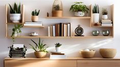 shelves with plants and books on them