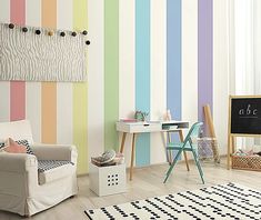 a living room filled with furniture and colorful striped wallpaper on the walls behind a chalkboard