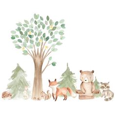 watercolor painting of forest animals and trees