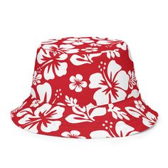 Red and White Hawaiian Flowers Reversible Bucket Hat - Extremely Stoked Casual Brimmed Bucket Hat For Beach Season, Casual Adjustable Bucket Hat For Beach Season, Adjustable Casual Bucket Hat For Beach Season, Casual Cotton Bucket Hat For Beach, Casual Bucket Hat For Vacation, Casual Cotton Bucket Hat For The Beach, Summer Brimmed Streetwear Hats, Brimmed Hats For Summer Streetwear, Trendy Lightweight Bucket Hat For Vacation