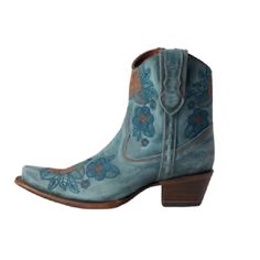 Constructed From High-Quality Cowhide Leather, These Booties Feature An Eye-Catching Embroidered Floral Design That Graces The 7" Shaft. The Stylish Snip Toe Creates A Modern Western Look, Complemented By An Easy-To-Use Side Pull-Tab And Inner Zip Closure. With A Comfortable Stacked 2" Heel And Sturdy Goodyear Welt, These Ankle Booties Are Designed For Lasting Wear, Supported By A Durable Cowhide Leather Outsole. Blue Embroidered Boots For Spring, Blue Embroidered Spring Boots, Modern Western, Western Look, Western Booties, Goodyear Welt, Embroidered Flowers, Cowhide Leather, Ankle Booties