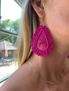 Stylish earrings. Handwoven by Colombian Artisan Women from our social impact project OCHABE. - Ethically sourced -Limited Collection Dimensions: Long: 3.5" Weight: 0.1 lb Shipping: 7-9 business days Handmade Earrings For Spring, Pink Teardrop Chandelier Earrings, Trendy Handmade Adjustable Teardrop Earrings, Adjustable Teardrop Earrings For Summer Gifts, Adjustable Teardrop Earrings For Summer, Teardrop Earrings For Summer Parties, Summer Teardrop Pierced Earrings, Pink Chandelier Earrings For Summer Party, Handmade Dangle Teardrop Earrings For Summer