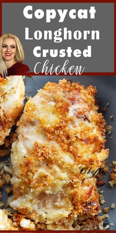 a woman standing in front of a plate with chicken covered in grated parmesan cheese