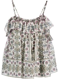 white/multicolour silk all-over graphic print ruffled detailing scoop neck spaghetti straps curved hem Isabel Marant Style, Stockholm Stil, Pinterest Wardrobe, Ruffle T Shirt, Boho Clothes, Airport Fashion, Stockholm Fashion, Birthday List, Curator Style