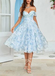 A-Line Blue Party Dress Off The Shoulder Printed Blue Tea-Length Cocktail Dress Blue A-line Dress For Prom, Light Blue A-line Party Dress, Blue A-line Midi Dress For Prom Season, Light Blue Knee-length Dress For Banquet, Spring Prom A-line Tea Length Dress, Summer Banquet A-line Dress, Light Blue A-line Summer Dress, Blue A-line Maxi Dress For Prom, Light Blue A-line Prom Dress