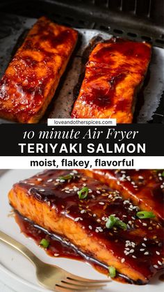 salmon fillets in teriyaki sauce on a white plate with fork and text overlay