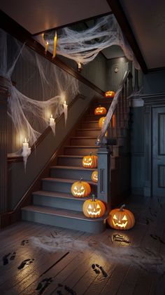 halloween pumpkins on the stairs with ghost's net hanging over them and candles lit up