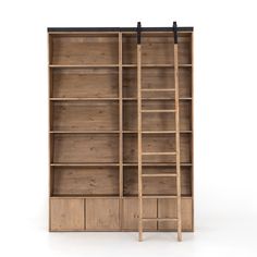 an open bookcase with drawers and shelves on each side, against a white background