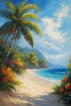 an oil painting of a tropical beach scene with palm trees and flowers on the sand