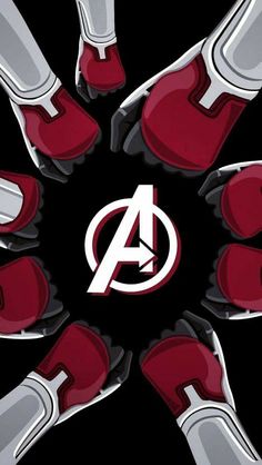 the avengers logo is surrounded by red and white gloves, which are arranged in a circle