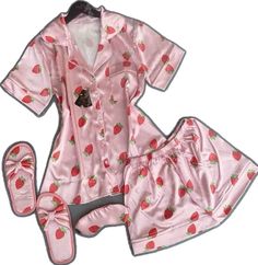 Cute Spring Sets For Home, Summer Cotton Sleepwear With Strawberry Print, Spring Strawberry Print Sleepwear For Loungewear, Pink Home Sets For Summer, Casual Sleepwear With Strawberry Print For Pajama Party, Casual Strawberry Print Sleepwear For Pajama Party, Casual Pink Bedtime Sets, Cute Summer Sets For Home, Cute Strawberry Print Sleepwear For Lounging