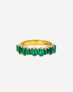 Suzanne Kalan Bold Emerald Half Band in 18k yellow gold Emerald Half Eternity Ring With Baguette Cut, Fine Jewelry Emerald Ring With Half Eternity Band, Gold Emerald Half Eternity Jewelry, Half Eternity Baguette Cut Emerald Jewelry, Gold Emerald Half Eternity Ring, Fireworks Design, Baguette Cut, Classic Silhouette, Fireworks