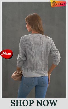 a woman wearing jeans and a sweater with the words, shop now on it's back