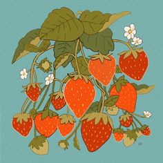 a bunch of strawberries hanging from a tree with leaves and flowers on it's branches