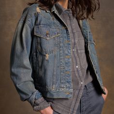 The jean jacket is a coveted wardrobe staple we couldn’t do without. With its industrial roots, it has become an iconic element of American fashion, an embodiment of the independence, and freedom that is deeply ingrained in American culture. The Marlie is a twist on tradition, combining details of another American classic, the western denim shirt, to elevate and set it apart. Our True Blue Vintage wash is broken-in, with intentionally placed fading, whiskers, distressing, and hand grinding to le Classic Distressed Dark Wash Denim Jacket, Classic Distressed Denim Outerwear, Classic Distressed Denim Jacket For Fall, Distressed Recycled Denim Outerwear For Fall, Pre-washed Denim Blue Jacket For Fall, Pre-washed Denim Jacket For Fall, Distressed Recycled Denim Jacket For Fall, Classic Pre-washed Denim Jacket For Fall, Rugged Distressed Outerwear For Spring