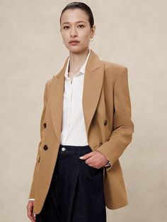 Stretch-Cotton Icon Blazer | Banana Republic Factory Scandi Fashion, Suit Collection, Stretch Cotton Fabric, Peak Lapel, Icon Collection, Banana Republic Factory, Oversized Blazer, Colored Blazer, Shoulder Pads