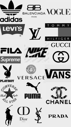 many different types of logos are shown in black and white, including one for the brand