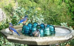 two blue birds sitting on top of a birdbath filled with water and glass bottles