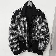 Wonderful Sold Out Jacket From The Kooples Paris. Made Of A Wool Blend Black & White Tweed Boucle Nylon Material In A Cargo Jacket Style. This Is A Size 1 But Fits Best For A L Or Xl. See Exact Measurements Below: Armpit To Armpit: 26” Neck To End Of Sleeve: 32” Shoulder To Shoulder: 21” Length From Top To Bottom: 31” Luxury Double-breasted Tweed Outerwear, Black Single-breasted Tweed Outerwear, Double-breasted Wool Houndstooth Outerwear, Black And White Tweed, White Tweed, Cargo Jacket, The Kooples, Jacket Style, Wool Blend