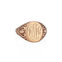 Lovely antique Victorian signet ring (circa 1880s to 1900s), crafted in 10 karat rose gold.  From what we can decipher, the center mount is engraved with the initials "PML"  The side shoulders feature a pretty scrolling design that terminates to the oval mount. The saddle of the ring is low and curves to the shape of the finger, rising 1.5mm from the finger (0.05 inches).    The ring is in good condition with patina and wear evident. We have not cleaned the ring in order to preserve the patina and collector value.   Particulars: Weight: 5.8 grams Stones:  N/A. Size & Measurements: The ring is a size 11 (sizable). The mount measures 16mm in length (0.62 inches) and 12.5mm wide (0.49 inches), rising 1.5mm from the finger.  Metal & Hallmark: 10 karat rose gold. The ring is not hallmarked thou Masonic Jewelry, Oval Signet Ring, Russian Jewelry, Antique Jewelry Rings, Vintage Fine Jewelry, Art Nouveau Jewelry, Victorian Jewelry, Art Deco Jewelry, Jewelry Rings Engagement