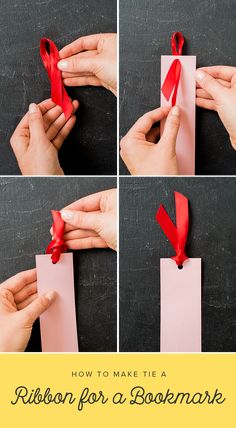 how to make a ribbon for a bookmark with pictures on it and text overlay that says, how to make a ribbon for a bookmark