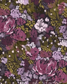 an abstract floral pattern with purple and pink flowers