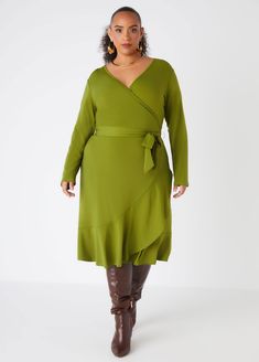 Embrace effortless elegance in our stretch-knit dress, featuring a beautifully draped faux wrap neckline and skirt. The waist-defining belt accentuates your figure, while the flounced hemline is a delicate dose of flirty femininity. Plus Size Semi Formal, Dresses For Church, Wrap Dress Plus Size, Plus Size Wrap Dress, Plus Size Work Dresses, Plus Size Trendy, Dresses Date Night, Plus Size Work, Stretch Knit Dress