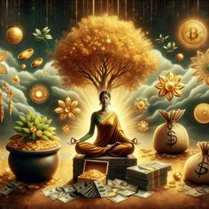 Elevate your wealth manifestation journey with our AI-created image, encapsulating prosperity symbols - glowing money tree, golden coins, jewels, and cash. It's all interlaced with a meditating person, visualizing their financial goals. More at the link. #WealthManifestation #Abundance #Prosperity #PersonalGrowth #SuccessMindset #FinancialGoals Financial Abundance Images, Wealth Visualization, Money Goddess, Money Meditation, Money Energy, Golden Coins, Lions Gate