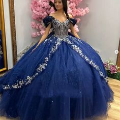 Navy Blue Quinceanera Dress Glitter Beaded Princess Off Shoulder Ball Gowns.  "This pin contains affiliate links, which means I may earn a commission at no cost to you extra for you". 
 #affiliate #advertising" Midnight Blue Dress Formal, Quinceanera Dresses Navy Blue, Navy Blue Quince Dress, Silver Quince Dresses, Navy Blue Quinceanera, Navy Blue Quinceanera Dresses, Blue Quince Dress, Blue Quinceanera Dress, Quinceanera Stuff