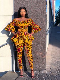 *Please advise there's other sellers on this platform using my product pictures as their own. Every design seen on my shop was created, designed and pictures are owned by EzClothin. The other shops are duplicates and replicas.  Model Size: Medium Material: Ankara Print Fabric, 100% Cotton, Wax Print Details: Elastic Pants, Flare arms, Off-the shoulder, Elastic Waist Handmade Shipping For a custom size please leave measurements under notes when checking out. Orders ship after 7-21 business days. African Pants Outfits, African Print Peplum Top, African Pants, Ankara Trousers, African Print Pants, African Tops, Print Pant, Afrikaanse Mode, African Fashion Ankara