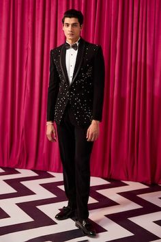 Black tuxedo with cutdana embroidery in geometric pattern. Paired with pintuck shirt, pant, bow tie and sash. - Aza Fashions Velvet Embroidery, Wedding Dress Men, Black Backdrops, Black Tuxedo, Wedding Suits Men, Black Textures, Blue Velvet, Wedding Men, Wedding Suits