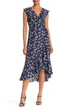 A crepe wrap dress features a feminine floral print, pretty ruffles, and a belted waist for figure-flattering style. Fit: this style fits true to size. Surplice neck. Sleeveless. Removable waist belt. Woven wrap construction. Cascading ruffle details. Allover print. Midi length. Unlined. High/low hem. Approx. 34" shortest length, 51" longest length (size S). Imported Rope Dress, Dress Code Wedding, Stitching Dresses, Knit Shift Dress, Woven Wrap, Wedding Attire Guest, Pretty Blouses, Wrap Midi Dress, Navy Midi Dress