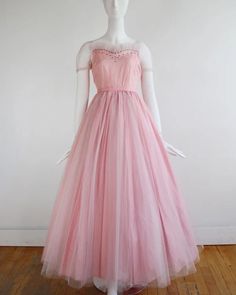 Vintage 1940's Medium Perfect Pink Tulle Gown With Rhinestone Decoration - Etsy Formal Pink Tulle Evening Dress, 1950s Pink Evening Dress, Pink 1950s Evening Dress, Vintage Pink Evening Dress For Formal Occasions, 1950s Style Pink Evening Dresses, Vintage Pink Evening Dress For Wedding, 1950s Style Pink Wedding Dress, Pink Vintage Style Formal Evening Dress, Pink Tulle Gown