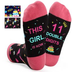 PRICES MAY VARY. 【Funny Saying Socks for Kids】:These funny socks for girls boys have a funny message on the bottom that reads""This GIRL IS NOW,10 or 11 or 12 Double Digits"" ,""OMG It's my birthday,10 or 11 or 12 years of being awesome"",The top of the socks features birthday gifts, hats, cakes, and other elements;They make the perfect gift for kids who have a happy birthday. 【Girls Birthday Socks Material】:Our kids girls novelty funny socks are made of 80% cotton, 15% polyamide and 5% elastane Birthday 10, Happy Birthday Girls, It's My Birthday, Unique Birthday, Funny Socks, Funny Messages, Novelty Socks, Girls Birthday, Birthday Humor