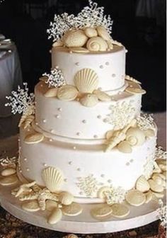 a three tiered wedding cake with seashells on top