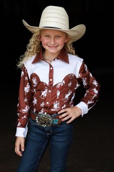 White Western Tops For Country Events, Fitted Long Sleeve Shirt For Western-themed Events, White Long Sleeve Western Top, Western White Tops For Rodeo, Fitted Brown Shirt For Rodeo, White Fitted Top For Rodeo, Fitted Western Long Sleeve Tops, Fitted Western Style Long Sleeve Tops, Fitted Country Style Tops For Country Events