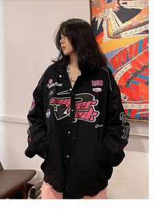 Sweatshirts Women Oversize Hoodies Loose Casual Tops Jacket Vintage Racing Jacket Outfit, Aesthetic Jacket, Racer Jacket, Ootd Outfits, Pink Y2k, Y2k Jacket, Racing Jacket, Jacket Outfit, Japanese Streetwear