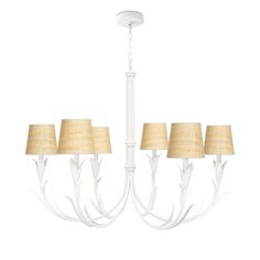 a white chandelier with four lamps hanging from it's sides and three shades on