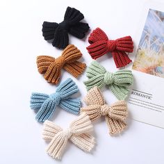 Add some style to your little one's look with this handmade big knitted bow hairpin! Available in multiple colors, it's the perfect accessory to enhance any outfit. Show off your fashionista with an accessory that will make them look and feel good. COLOR Black, Red, Blue, Green, Khaki, Beige, Brown GENDER Baby Girl, Girl MATERIAL Cotton PATTERN Plain (Solid) SEASON Spring, Summer, Autumn, Winter SIZE (AGE) Average Size (0-8Y） Knitted Hair Bows, Knitted Hair Clips, Knitted Hair Accessories, Crochet Clips Hair, Crochet Hair Bows, Handmade Hairpin, Yarn Accessories, Crochet Bows, Fall Accessories