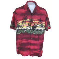 * Brand: Winnie Fashion - authentic Made in Hawaii  * Vintage 1990s  * Theme: camp shirt features bold color, single pocket, traditional silhouette    design with grass shack, palm trees, and tropical foliage  * Condition:Very nice previously owned condition with no rips tears holes    stains or missing buttons  * All measurements are approximate  * Armpit seam to armpit seam in inches=25  * Back Length from collar seam to hem=30  * Size according to manufacturer's label=XL  * Fabric: all cotton Red Collared Hawaiian Shirt For Beach, Red Collared Hawaiian Top, Retro Red Short Sleeve Camp Shirt, Vintage Red Camp Shirt With Camp Collar, Red Retro Shirt With Camp Collar, Retro Red Shirt With Camp Collar, Red Collared Camp Shirt For Vacation, Red Collared Camp Shirt For Summer, Red Retro Hawaiian Shirt For Vacation