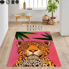 a rug with an image of a leopard on it in the middle of a room