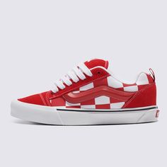 A Puffy 90s Style Inspired by the Past, But Built for TodayThe Knu Skool is a modern interpretation of a classic 90s style, defined by its puffed up tongue and 3D-molded Sidestripe, and tied off with oversized, chunky laces. With its in-your-face profile, mega checkerboard print, and dramatic style details, the Knu Skool plays off of the original Old Skool while blending an icon of the past with today’s trends. Reissued 90s low top shoe Sturdy suede and canvas uppers Oversized checkerboard print Puffy tongue and ankle collar Puffy 3D molded Sidestripe™ Heel pulls for ease of entry Signature rubber waffle outsoles | Vans Knu Skool Shoes (Mega Check Red) - 8.5 Men/10.0 Women Spiked Leather Jacket, Vans Shoes Fashion, Tennis Vans, Customised Vans, Calm Fits, Vans Store, Red Vans, Wishlist 2024, Dramatic Style