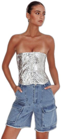 Belgium Strapless Top Sequin Silver by Selfie Leslie Lucky In Love, Clothing Tags, Grand Entrance, Dress Romper, Flower Shape, Girls Night, Belgium, Strapless Top, Entrance