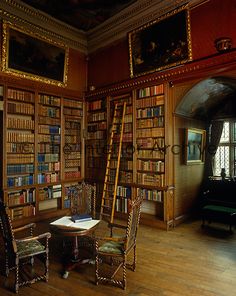 two chairs and a table in a room with bookshelves