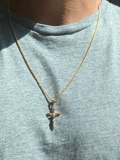 "18kt Gold Filled Cross Charm Necklace Chain Options and Lengths are available below. Chain thickness is between 2-2.5mm. For KIDS: We recommend 16\" For MEN: We recommend 24\" Chain can have a .5\" variation. Please size up if necessary. Top to Bottom: Option 1: Curb Chain Option 2: Rope Chain Option 3: Mariner Link Option4 : Figaro Chain Material: 18 Karat Gold Filled, Hypoallergenic. Tarnish Resistant. Gold-filled does not de-laminate or peel like Gold plated Jewelry nor does it tarnish as re Cross Necklace For Men Gold, Men's Crucifix Necklace, Men’s Crucifix Necklace, Gold Chain With Cross For Men, Crucifix Necklace Mens, Gold Chain On Men, Mens Cross Necklace Gold, Cross Jewelry Men, Gold Crucifix Necklace Men