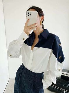 Color: Dark Blue, Size: 2X Winter Blouses, French Women Style, Blue And White Shirt, Style Français, The Office Shirts, Korean Casual, Trendy Shirts, Women Shirts Blouse, Matching Shirts