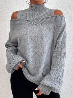 Shop Affordable Women Sweaters Spring/Fall Sweater Balloon Sleeve Casual Sweater Plain Sweater Loose Daily Turtleneck Long Sleeve On Justfashionnow.com Elegant Sweater, Pull Gris, Winter Pullover, Cold Shoulder Sweater, Turtle Neck Top, Didi, Winter Sweaters, Sweater Sleeves, Casual Look