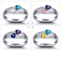 Customized Sterling Silver Double Birthstone Ring is a doble layered silver ring with two birth stones embedded on it, it makes an ideal gift especially for couples as it can be personalized by engraving two name on either side of heart shaped birth stones also a message can be engraved inside the ring making it an ideal personalized gift option. Features: Color: Silver Material: Silver Style: Personalized Size: Available Size: US - 6/7/8/9 Weight: 2.9g Size Chart: Size Circumference(mm) UK,Euro Promise Ring Couple, Mothers Ring 3 Stone, Most Expensive Engagement Ring, Rings Birthstone, Customize Jewelry, Expensive Engagement Rings, Birthstone Promise Rings, Rings For Couples, Silver Promise Rings